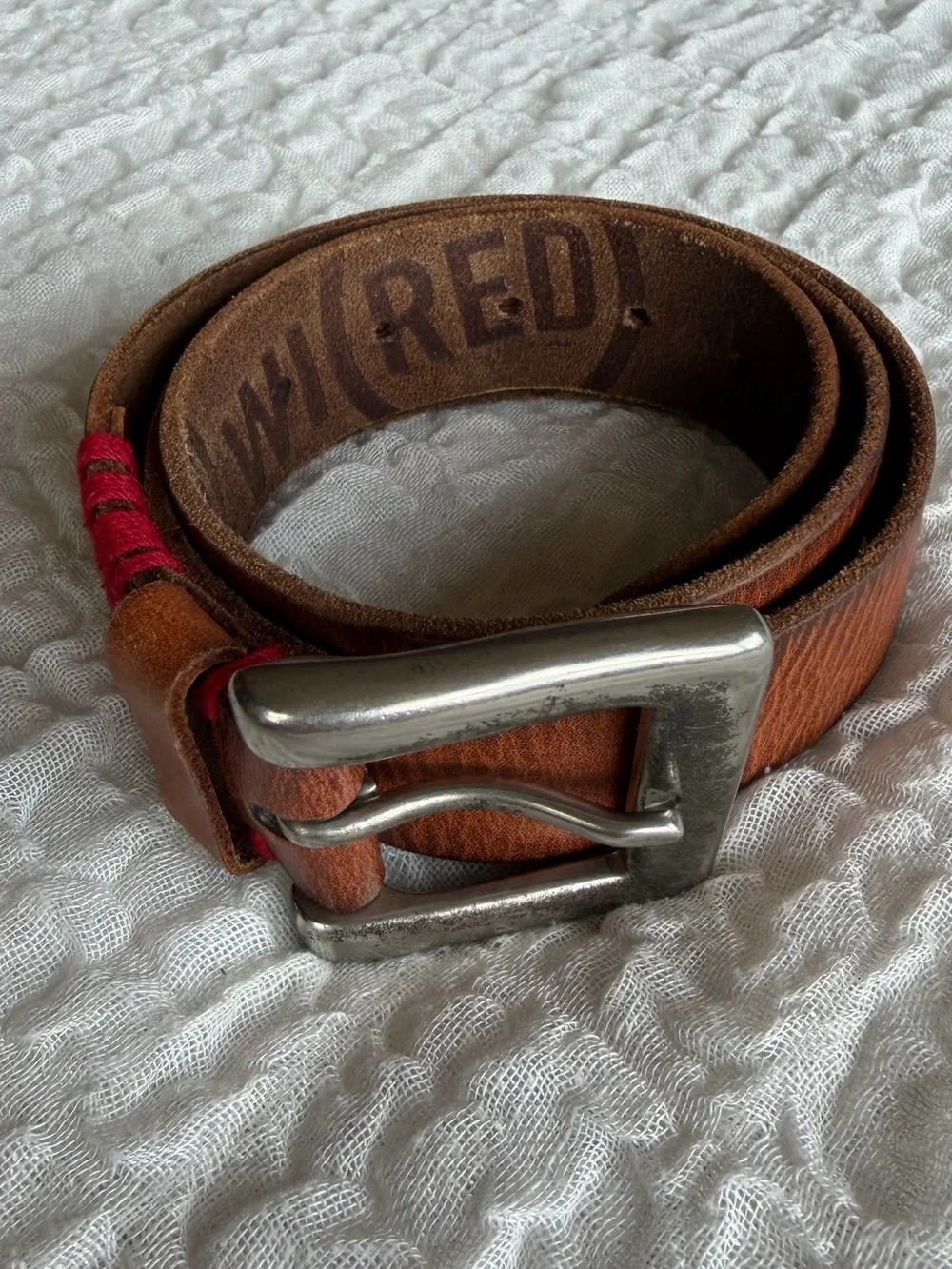 Y2K Product Red for Gap Leather Belt with Red Contrast Stitching Chunky Buckle